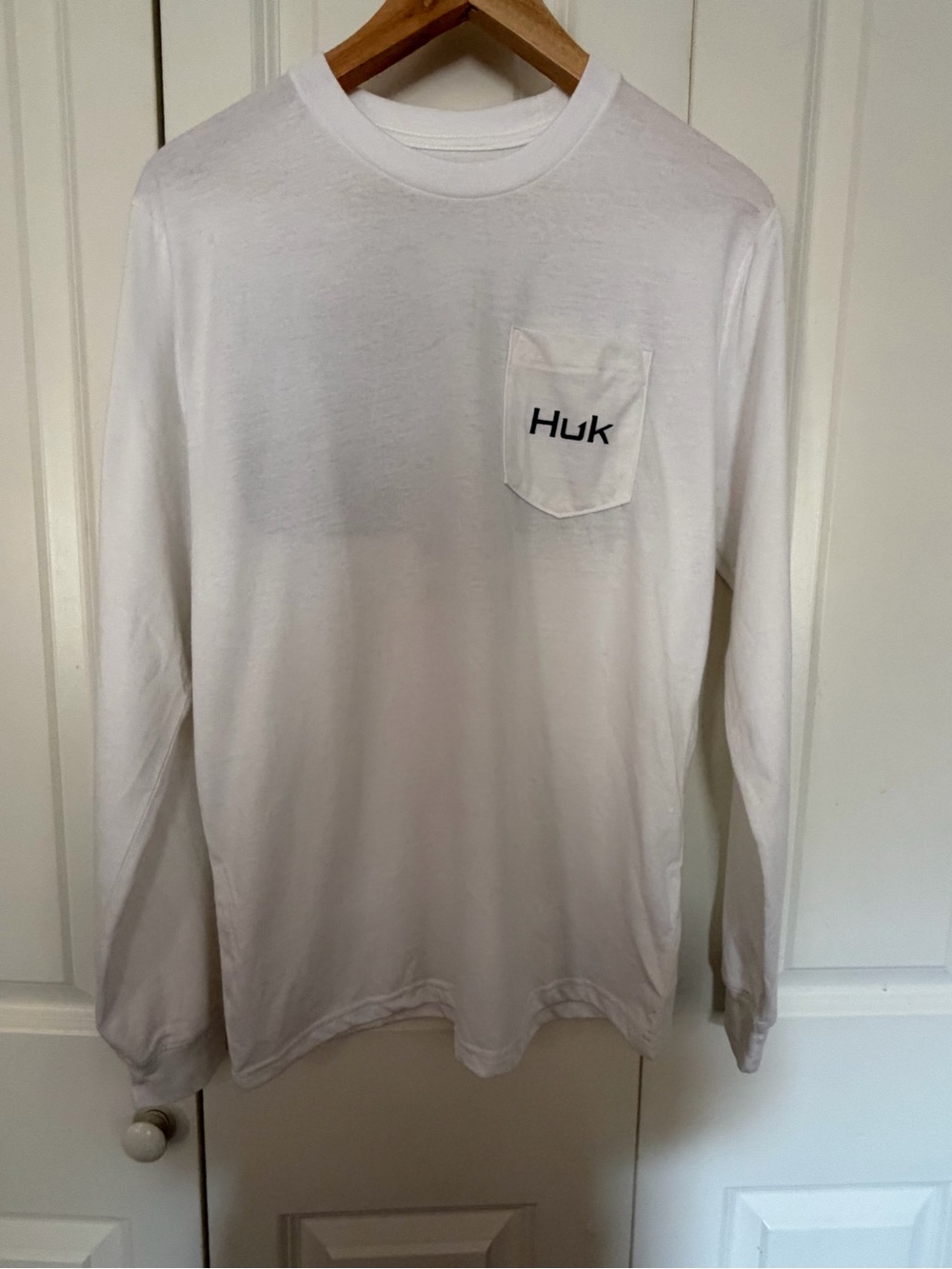 Huk Long Sleeve Pocket Tee in White with Black Logo